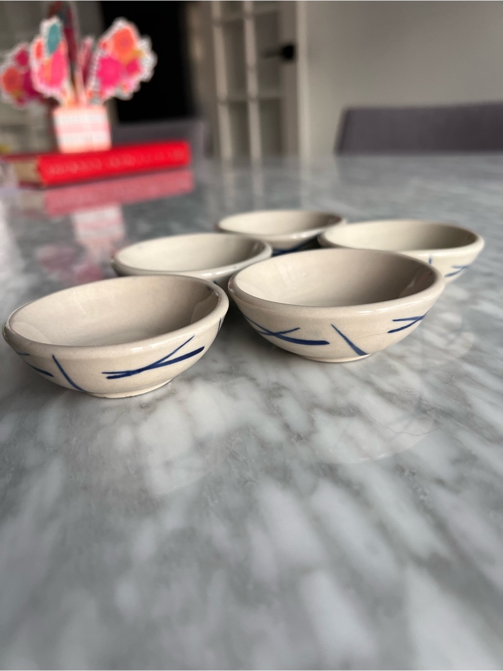 Set of 5 Small Ceramic Condiments Bowls - Cream with Blue Brushstroke